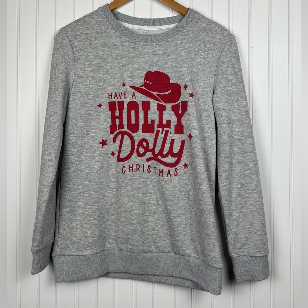 Have a Holly Dolly Christmas Gray Red Pullover Sweatshirt Women’s Size Small